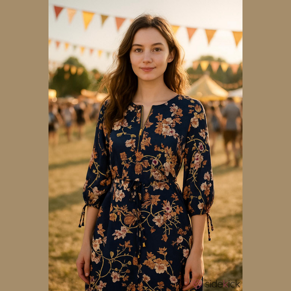 J for Justify Tops - Floral Navy Dress/Long top with Pink and White Accents